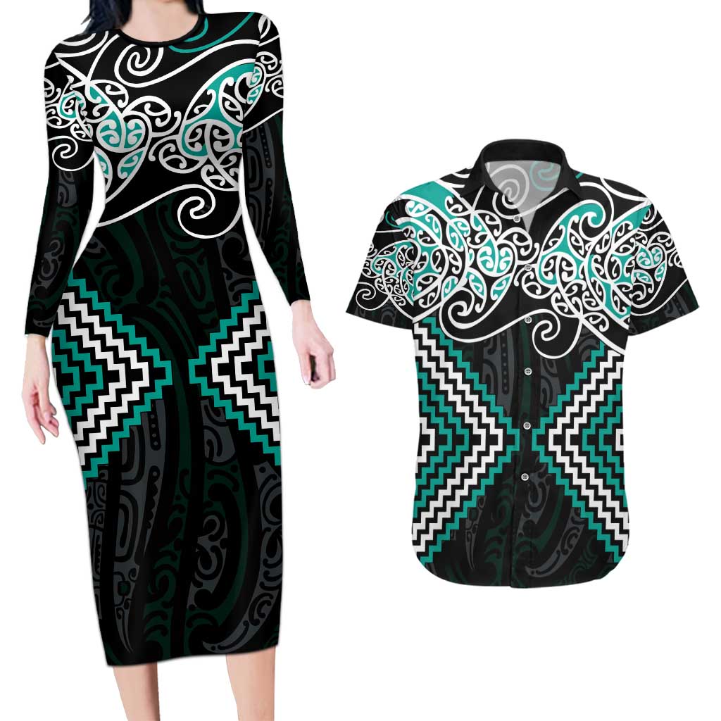Turquoise Aotearoa Tukutuku Manawa Tapu Couples Matching Long Sleeve Bodycon Dress and Hawaiian Shirt Ta Moko Toi Maori LT9 Turquoise - Polynesian Pride