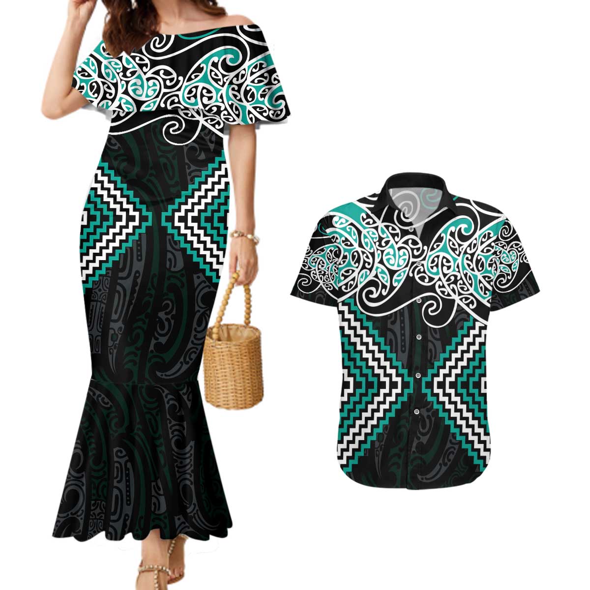 Turquoise Aotearoa Tukutuku Manawa Tapu Couples Matching Mermaid Dress and Hawaiian Shirt Ta Moko Toi Maori LT9 Turquoise - Polynesian Pride