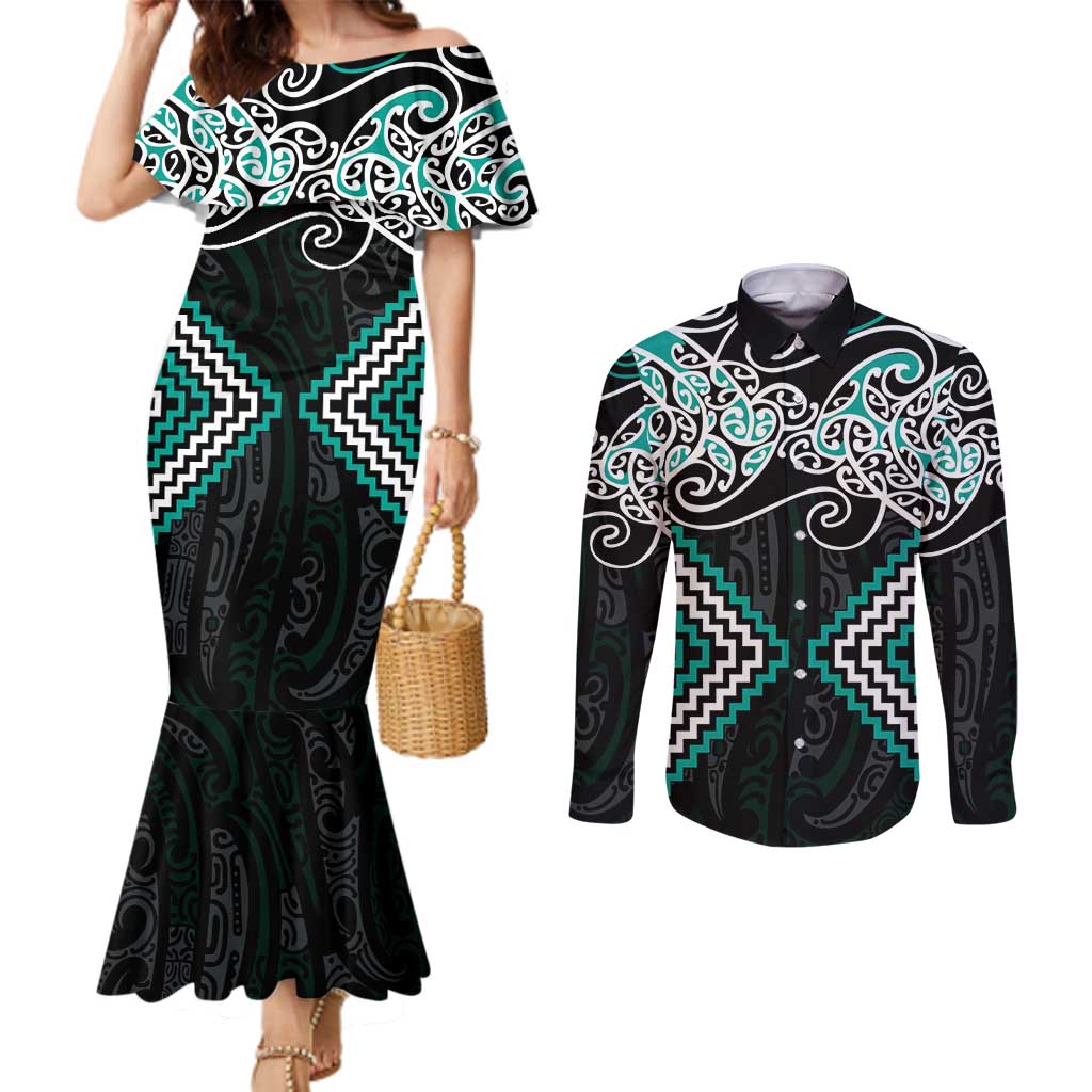 Turquoise Aotearoa Tukutuku Manawa Tapu Couples Matching Mermaid Dress and Long Sleeve Button Shirt Ta Moko Toi Maori LT9 Turquoise - Polynesian Pride