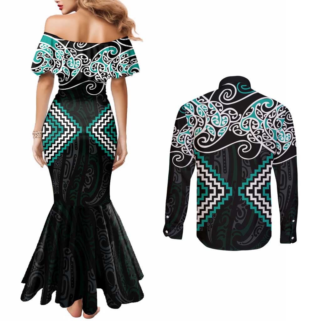 Turquoise Aotearoa Tukutuku Manawa Tapu Couples Matching Mermaid Dress and Long Sleeve Button Shirt Ta Moko Toi Maori LT9 - Polynesian Pride