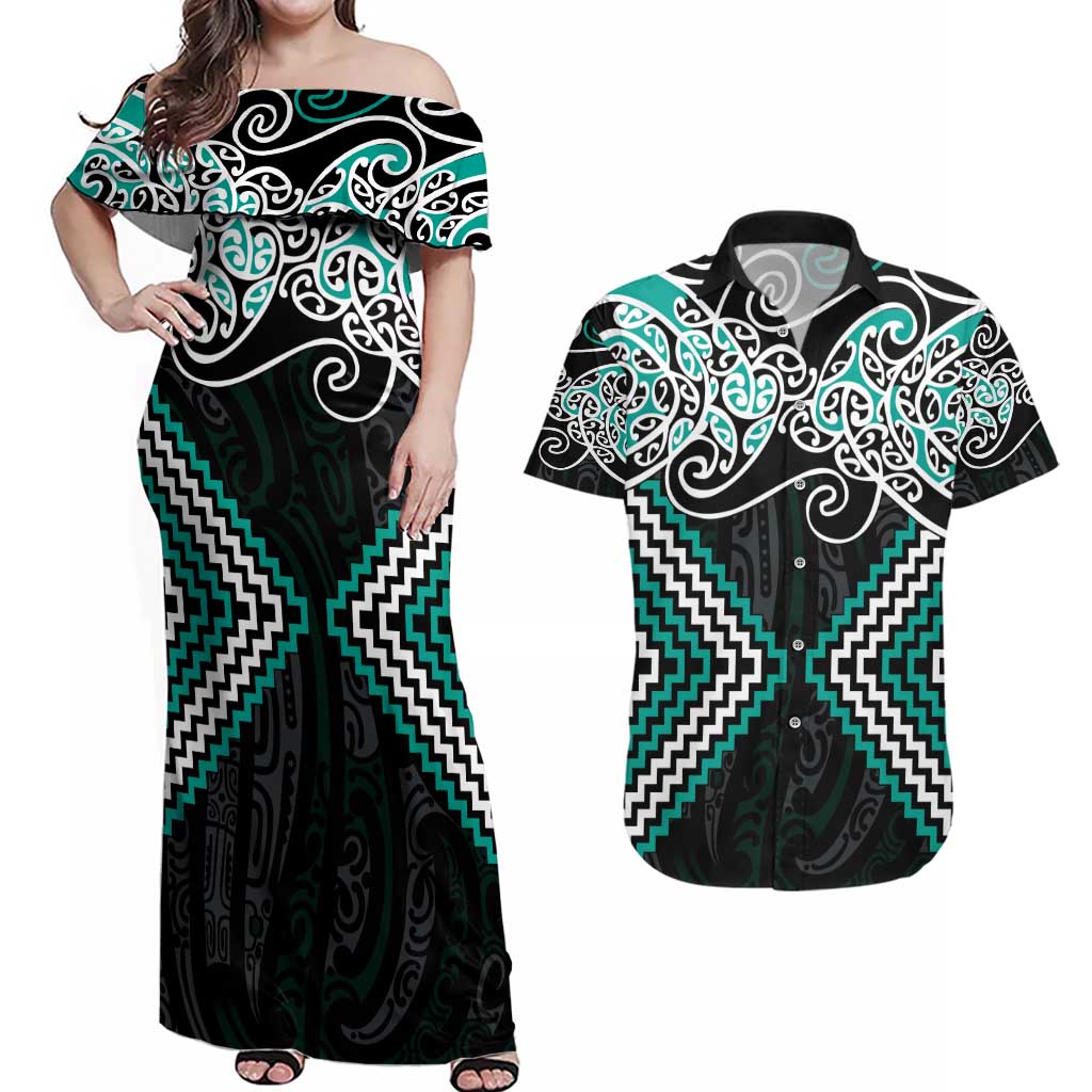Turquoise Aotearoa Tukutuku Manawa Tapu Couples Matching Off Shoulder Maxi Dress and Hawaiian Shirt Ta Moko Toi Maori LT9 Turquoise - Polynesian Pride