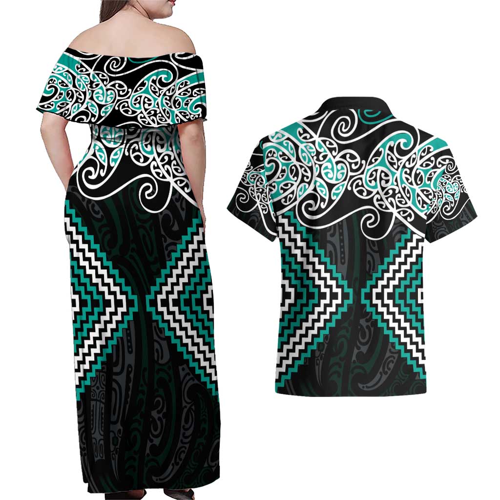 Turquoise Aotearoa Tukutuku Manawa Tapu Couples Matching Off Shoulder Maxi Dress and Hawaiian Shirt Ta Moko Toi Maori LT9 - Polynesian Pride