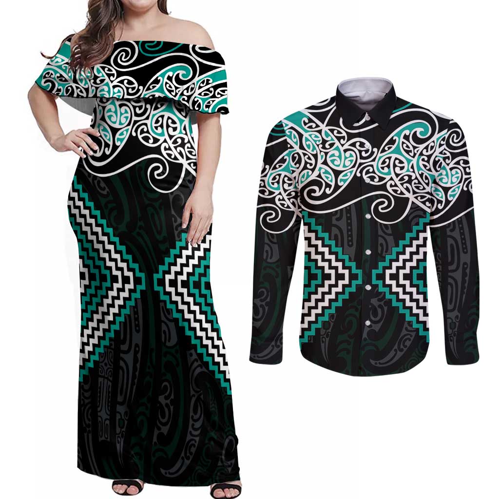 Turquoise Aotearoa Tukutuku Manawa Tapu Couples Matching Off Shoulder Maxi Dress and Long Sleeve Button Shirt Ta Moko Toi Maori LT9 Turquoise - Polynesian Pride