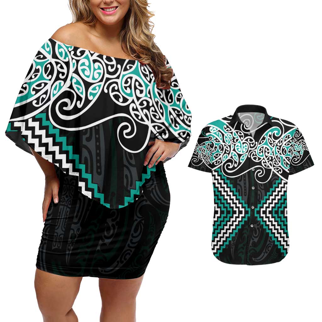 Turquoise Aotearoa Tukutuku Manawa Tapu Couples Matching Off Shoulder Short Dress and Hawaiian Shirt Ta Moko Toi Maori LT9 Turquoise - Polynesian Pride