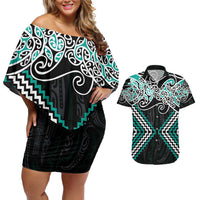 Turquoise Aotearoa Tukutuku Manawa Tapu Couples Matching Off Shoulder Short Dress and Hawaiian Shirt Ta Moko Toi Maori LT9 Turquoise - Polynesian Pride