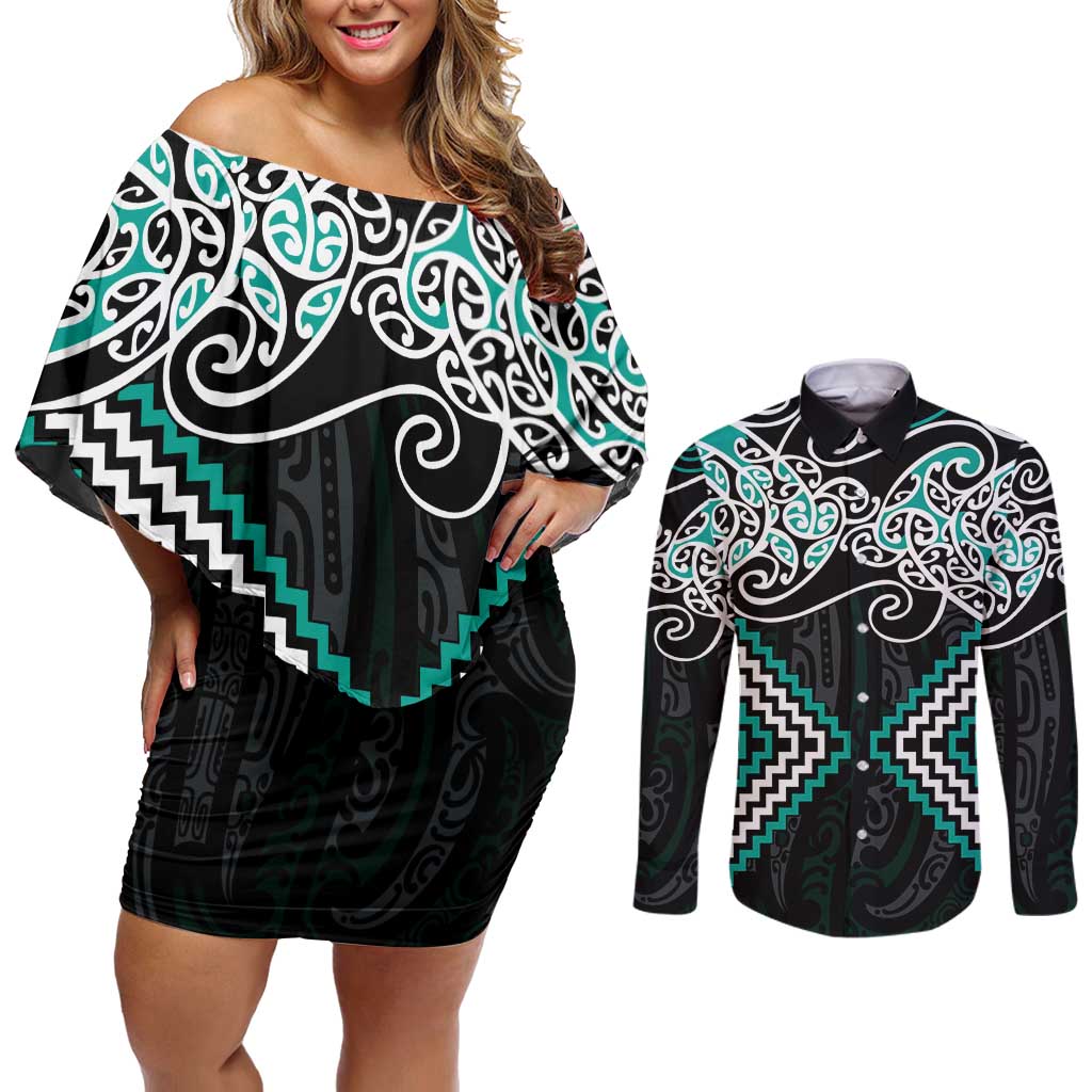 Turquoise Aotearoa Tukutuku Manawa Tapu Couples Matching Off Shoulder Short Dress and Long Sleeve Button Shirt Ta Moko Toi Maori LT9 Turquoise - Polynesian Pride