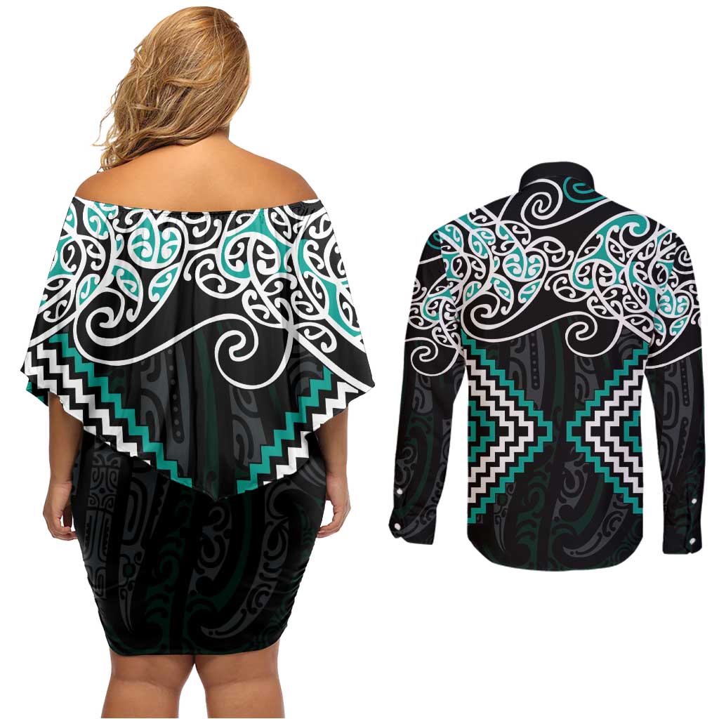 Turquoise Aotearoa Tukutuku Manawa Tapu Couples Matching Off Shoulder Short Dress and Long Sleeve Button Shirt Ta Moko Toi Maori LT9 - Polynesian Pride