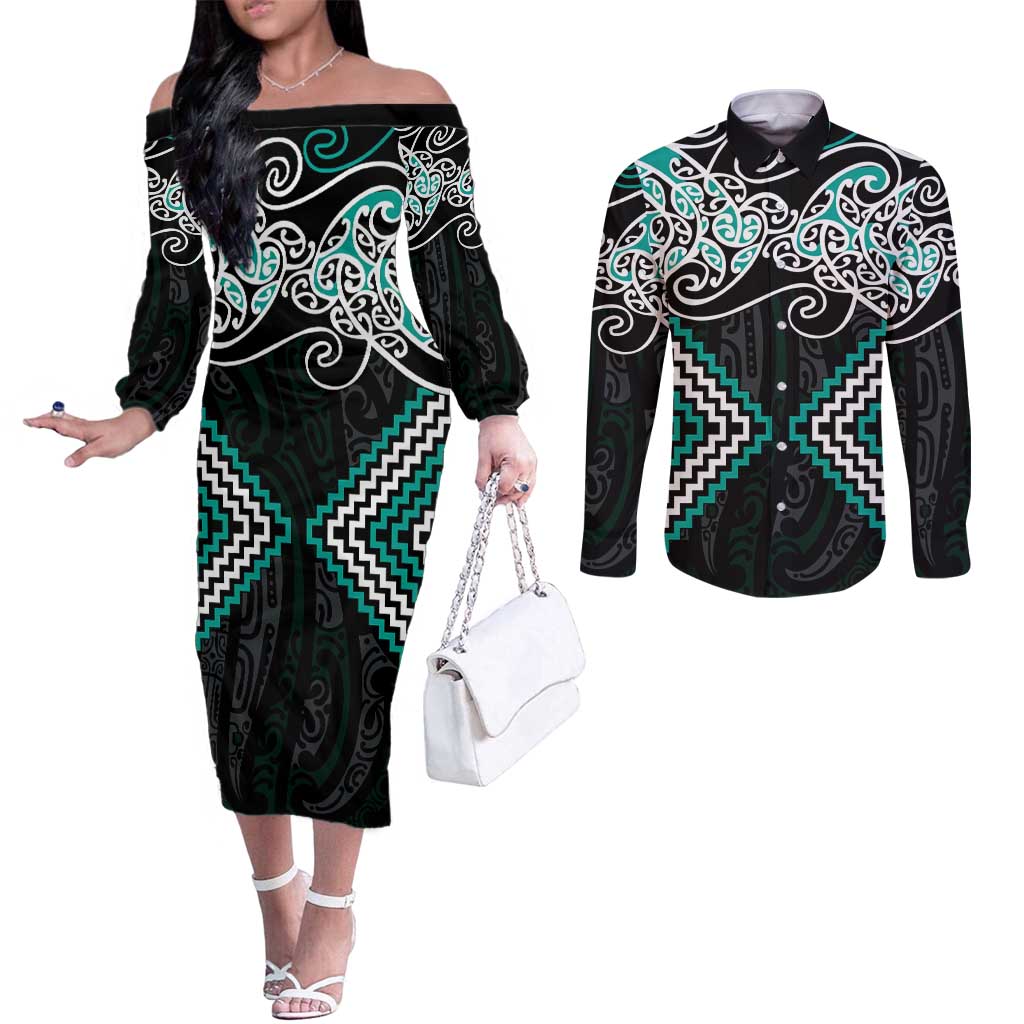 Turquoise Aotearoa Tukutuku Manawa Tapu Couples Matching Off The Shoulder Long Sleeve Dress and Long Sleeve Button Shirt Ta Moko Toi Maori LT9 Turquoise - Polynesian Pride
