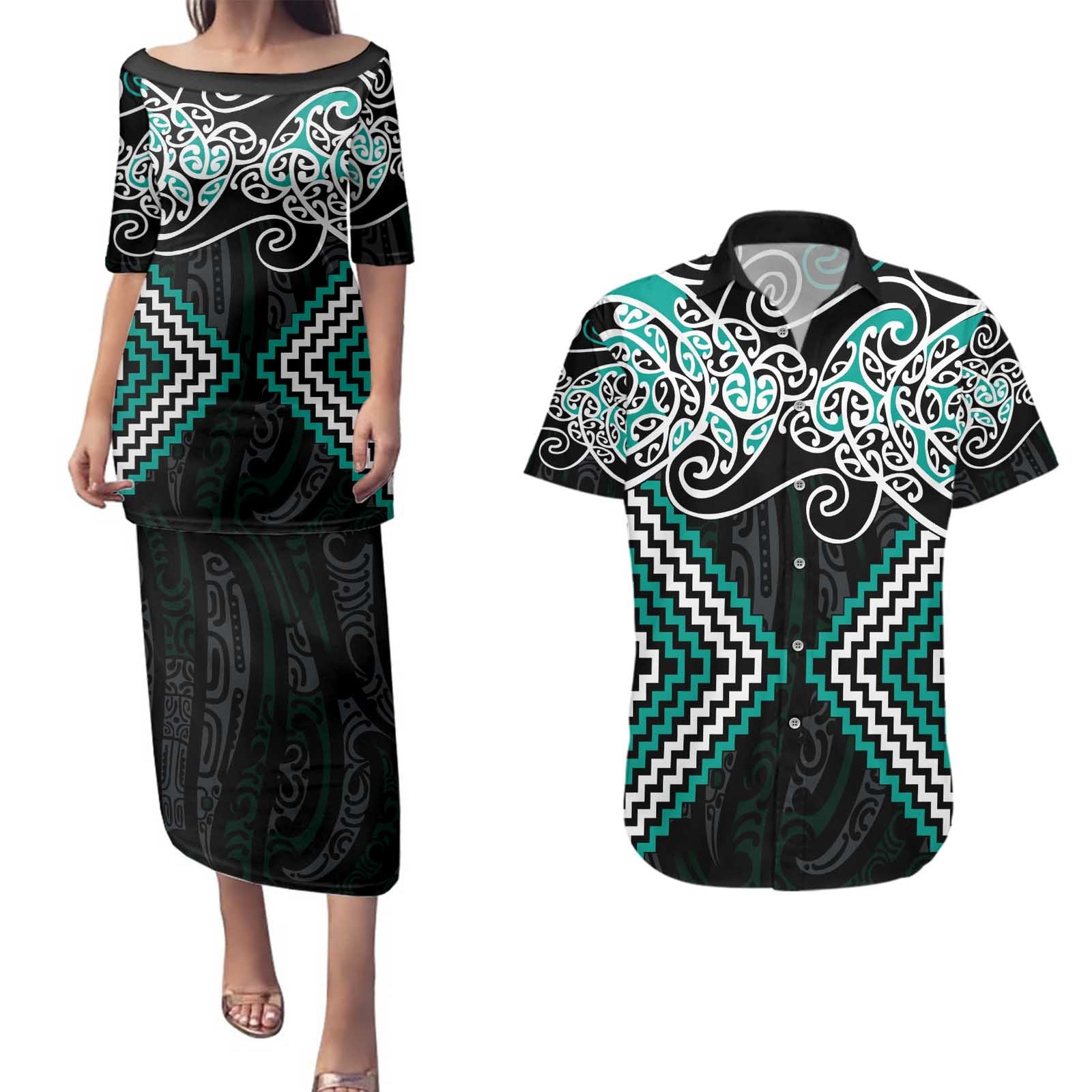 Turquoise Aotearoa Tukutuku Manawa Tapu Couples Matching Puletasi and Hawaiian Shirt Ta Moko Toi Maori LT9 Turquoise - Polynesian Pride