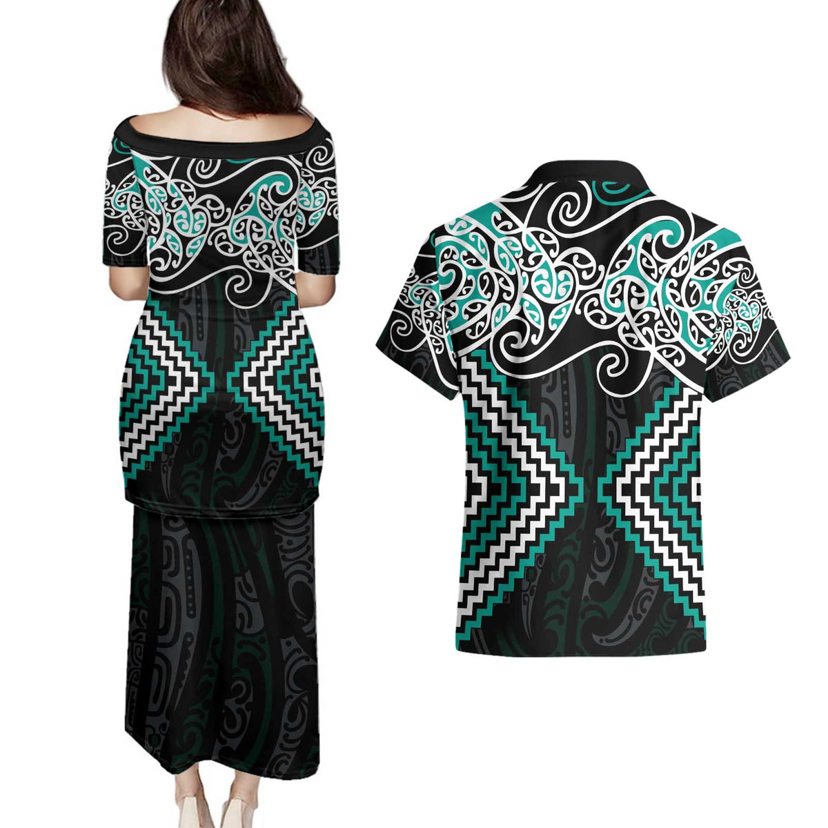 Turquoise Aotearoa Tukutuku Manawa Tapu Couples Matching Puletasi and Hawaiian Shirt Ta Moko Toi Maori LT9 - Polynesian Pride