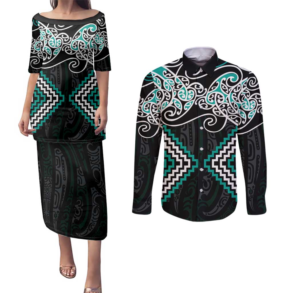 Turquoise Aotearoa Tukutuku Manawa Tapu Couples Matching Puletasi and Long Sleeve Button Shirt Ta Moko Toi Maori LT9 Turquoise - Polynesian Pride