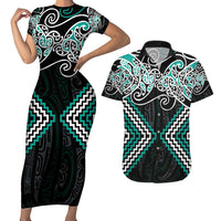 Turquoise Aotearoa Tukutuku Manawa Tapu Couples Matching Short Sleeve Bodycon Dress and Hawaiian Shirt Ta Moko Toi Maori LT9 Turquoise - Polynesian Pride