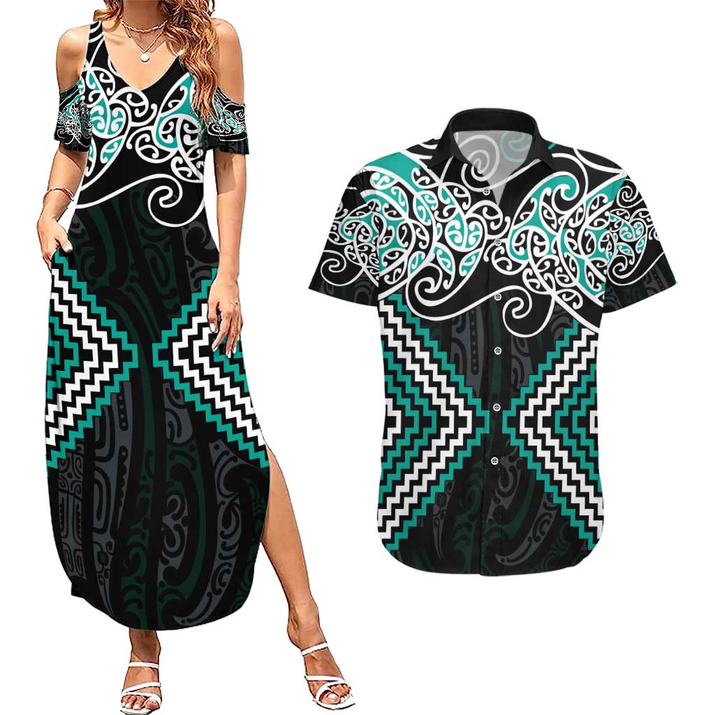 Turquoise Aotearoa Tukutuku Manawa Tapu Couples Matching Summer Maxi Dress and Hawaiian Shirt Ta Moko Toi Maori LT9 Turquoise - Polynesian Pride
