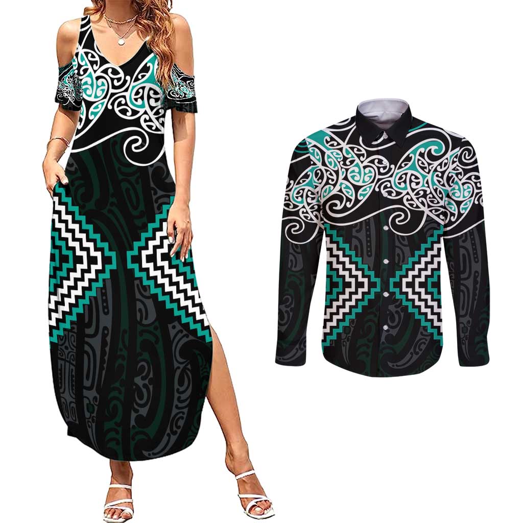 Turquoise Aotearoa Tukutuku Manawa Tapu Couples Matching Summer Maxi Dress and Long Sleeve Button Shirt Ta Moko Toi Maori LT9 Turquoise - Polynesian Pride