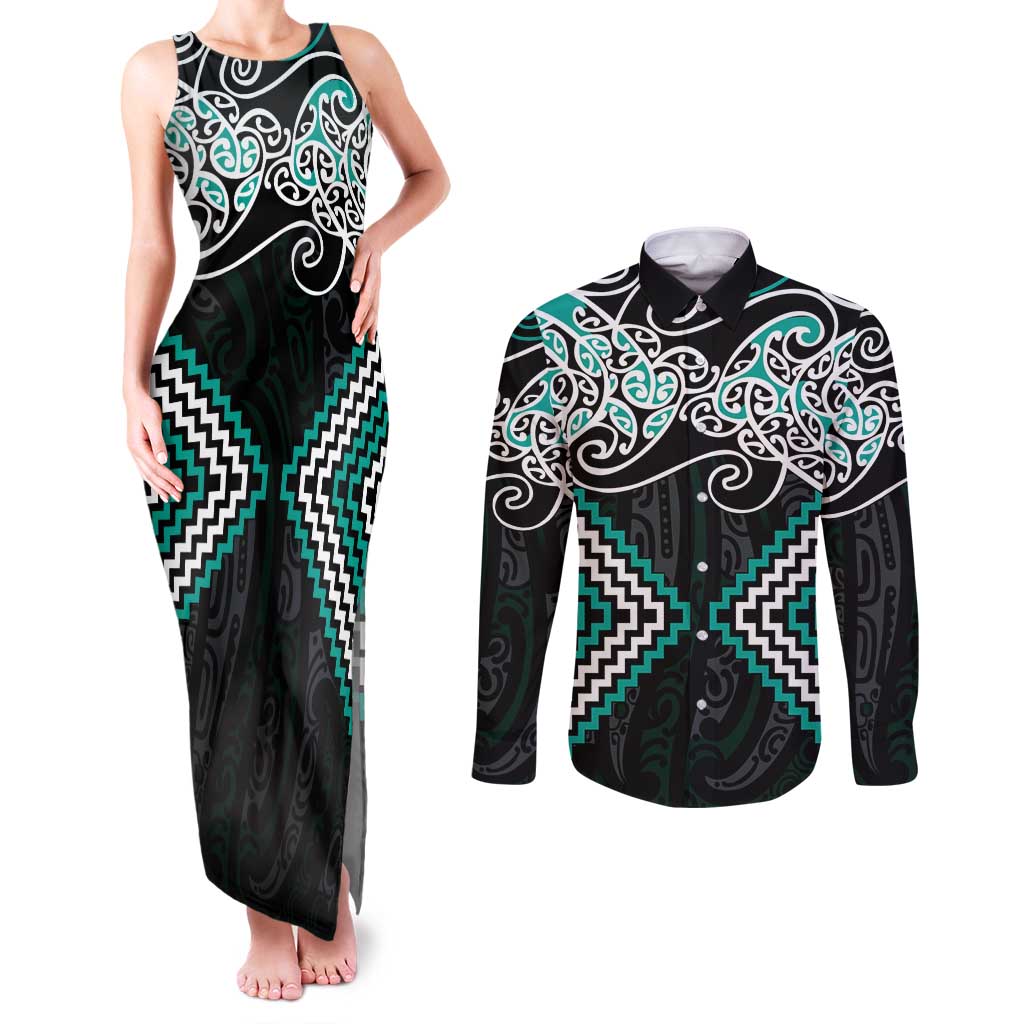 Turquoise Aotearoa Tukutuku Manawa Tapu Couples Matching Tank Maxi Dress and Long Sleeve Button Shirt Ta Moko Toi Maori LT9 Turquoise - Polynesian Pride