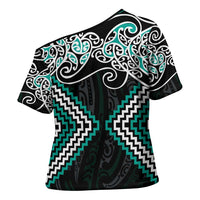 Turquoise Aotearoa Tukutuku Manawa Tapu Cross Shoulder Shirt Ta Moko Toi Maori LT9 - Polynesian Pride