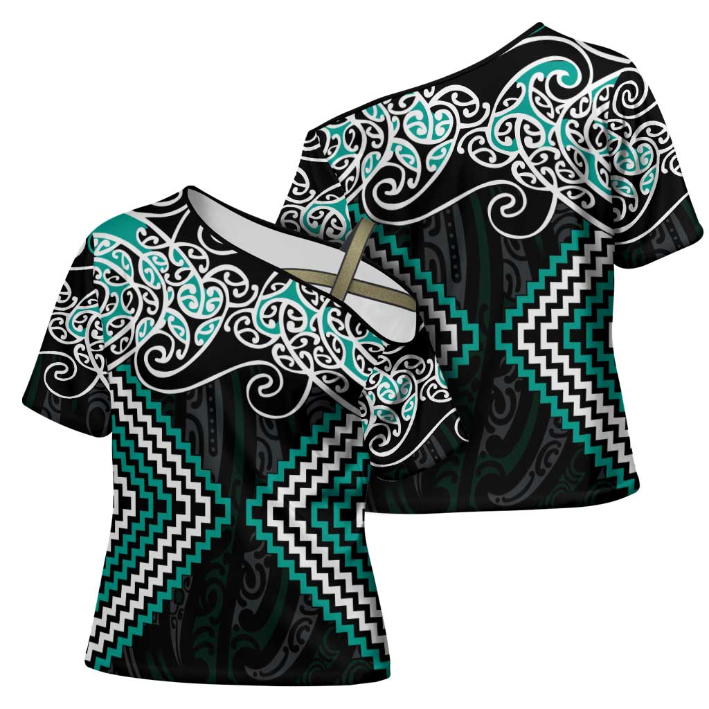 Turquoise Aotearoa Tukutuku Manawa Tapu Cross Shoulder Shirt Ta Moko Toi Maori LT9 - Polynesian Pride