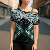 Turquoise Aotearoa Tukutuku Manawa Tapu Cross Shoulder Shirt Ta Moko Toi Maori LT9 - Polynesian Pride
