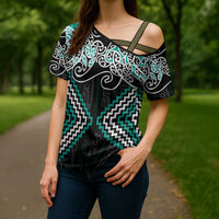 Turquoise Aotearoa Tukutuku Manawa Tapu Cross Shoulder Shirt Ta Moko Toi Maori LT9 - Polynesian Pride