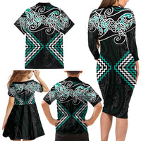 Turquoise Aotearoa Tukutuku Manawa Tapu Family Matching Long Sleeve Bodycon Dress and Hawaiian Shirt Ta Moko Toi Maori LT9 - Polynesian Pride
