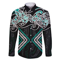 Turquoise Aotearoa Tukutuku Manawa Tapu Family Matching Mermaid Dress and Hawaiian Shirt Ta Moko Toi Maori LT9 Dad's Shirt - Long Sleeve Turquoise - Polynesian Pride