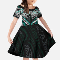 Turquoise Aotearoa Tukutuku Manawa Tapu Family Matching Off The Shoulder Long Sleeve Dress and Hawaiian Shirt Ta Moko Toi Maori LT9 Daughter's Dress Turquoise - Polynesian Pride