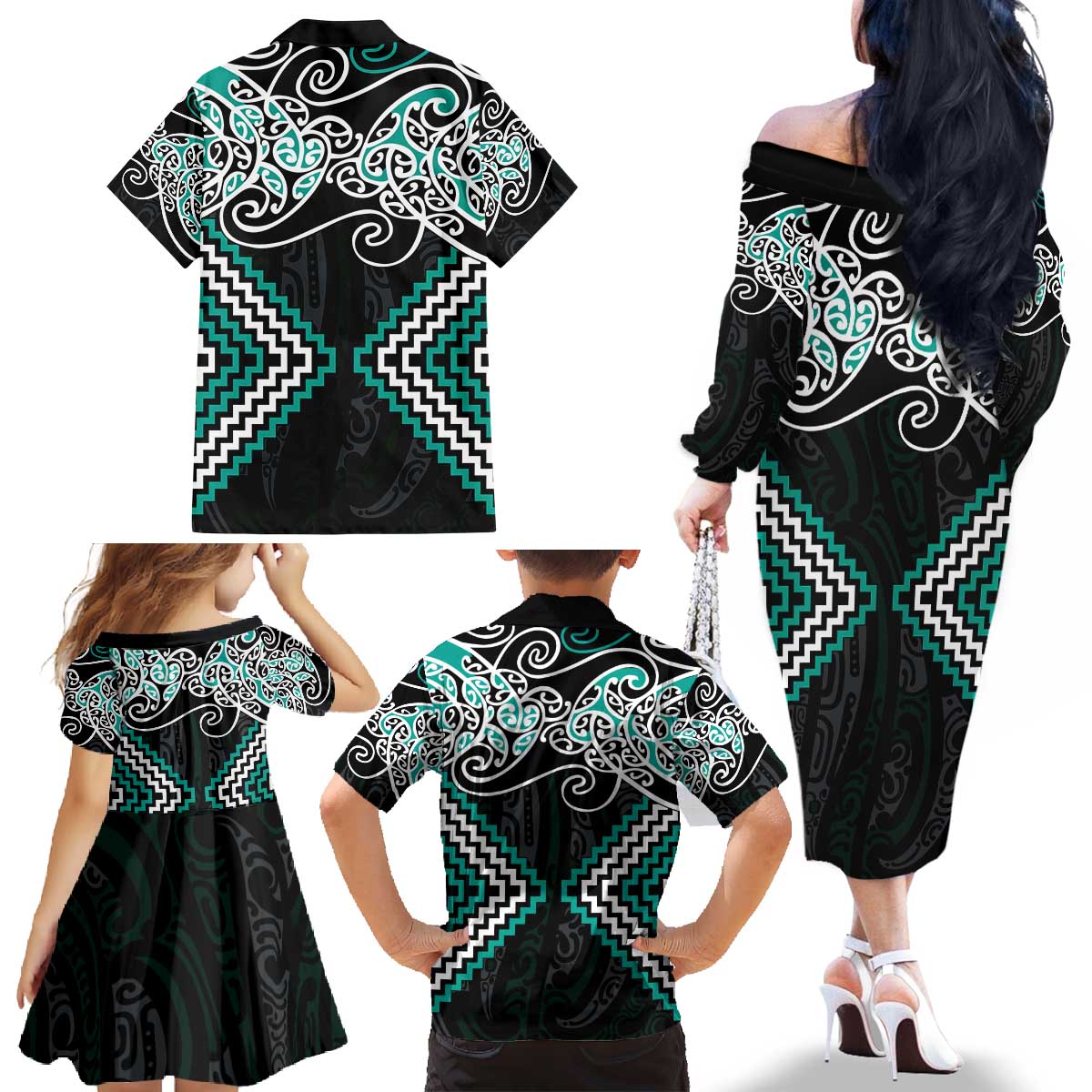 Turquoise Aotearoa Tukutuku Manawa Tapu Family Matching Off The Shoulder Long Sleeve Dress and Hawaiian Shirt Ta Moko Toi Maori LT9 - Polynesian Pride