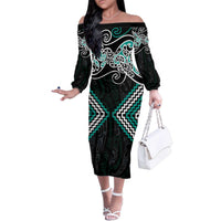 Turquoise Aotearoa Tukutuku Manawa Tapu Family Matching Off The Shoulder Long Sleeve Dress and Hawaiian Shirt Ta Moko Toi Maori LT9 Mom's Dress Turquoise - Polynesian Pride