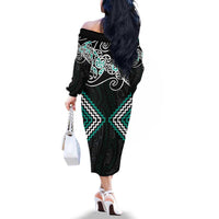 Turquoise Aotearoa Tukutuku Manawa Tapu Family Matching Off The Shoulder Long Sleeve Dress and Hawaiian Shirt Ta Moko Toi Maori LT9 - Polynesian Pride