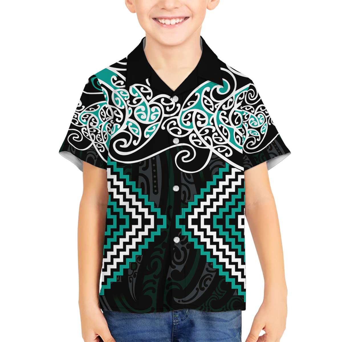 Turquoise Aotearoa Tukutuku Manawa Tapu Family Matching Off The Shoulder Long Sleeve Dress and Hawaiian Shirt Ta Moko Toi Maori LT9 Son's Shirt Turquoise - Polynesian Pride