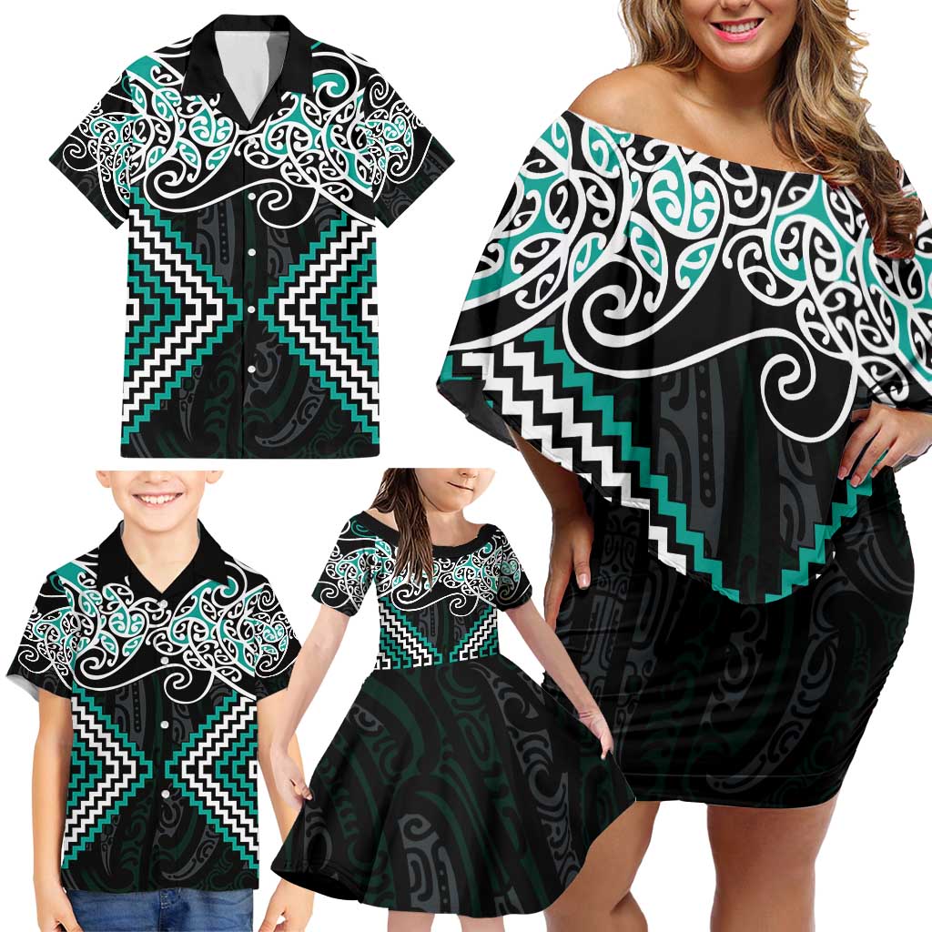 Turquoise Aotearoa Tukutuku Manawa Tapu Family Matching Off Shoulder Short Dress and Hawaiian Shirt Ta Moko Toi Maori LT9 - Polynesian Pride
