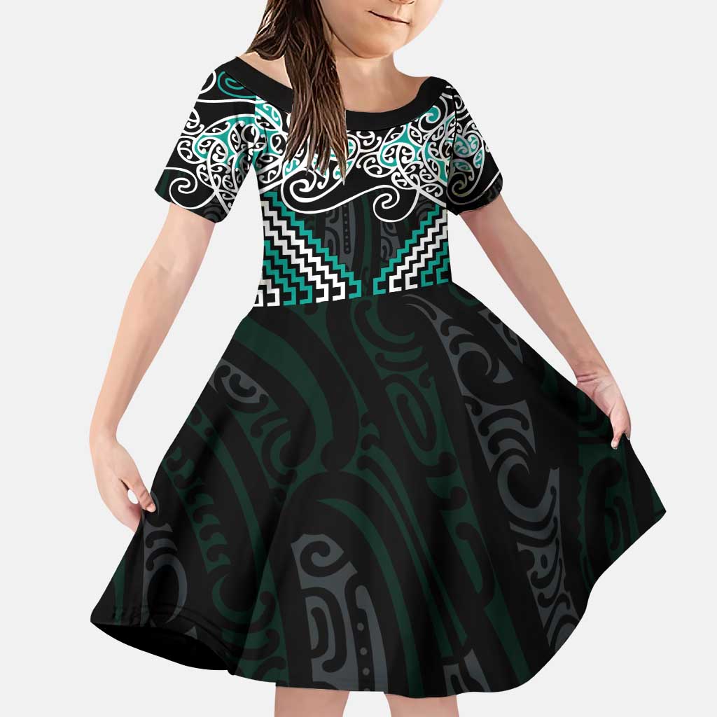 Turquoise Aotearoa Tukutuku Manawa Tapu Family Matching Puletasi and Hawaiian Shirt Ta Moko Toi Maori LT9 Daughter's Dress Turquoise - Polynesian Pride