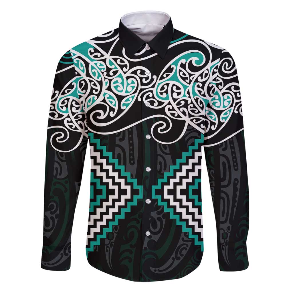 Turquoise Aotearoa Tukutuku Manawa Tapu Family Matching Puletasi and Hawaiian Shirt Ta Moko Toi Maori LT9 Dad's Shirt - Long Sleeve Turquoise - Polynesian Pride