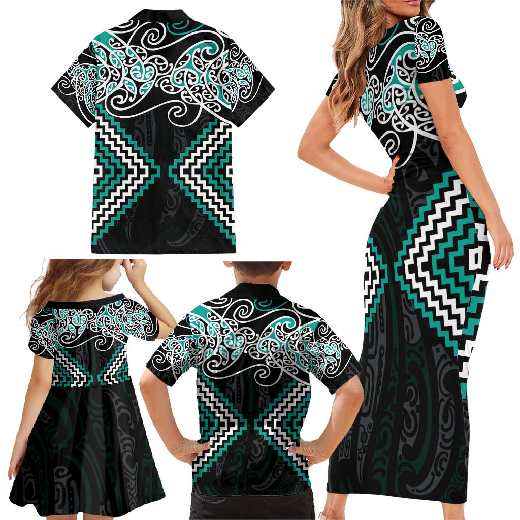 Turquoise Aotearoa Tukutuku Manawa Tapu Family Matching Short Sleeve Bodycon Dress and Hawaiian Shirt Ta Moko Toi Maori LT9 - Polynesian Pride
