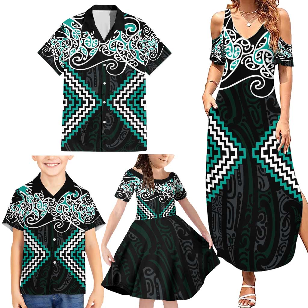 Turquoise Aotearoa Tukutuku Manawa Tapu Family Matching Summer Maxi Dress and Hawaiian Shirt Ta Moko Toi Maori LT9 - Polynesian Pride
