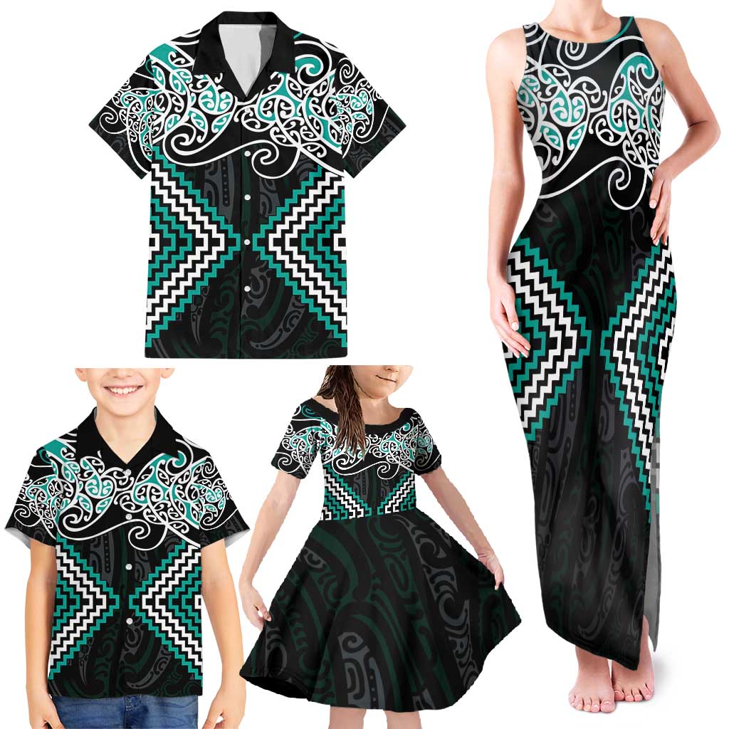 Turquoise Aotearoa Tukutuku Manawa Tapu Family Matching Tank Maxi Dress and Hawaiian Shirt Ta Moko Toi Maori LT9 - Polynesian Pride