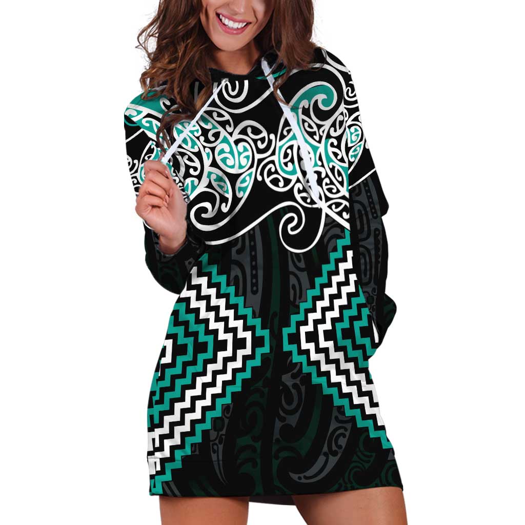 Turquoise Aotearoa Tukutuku Manawa Tapu Hoodie Dress Ta Moko Toi Maori LT9 Turquoise - Polynesian Pride