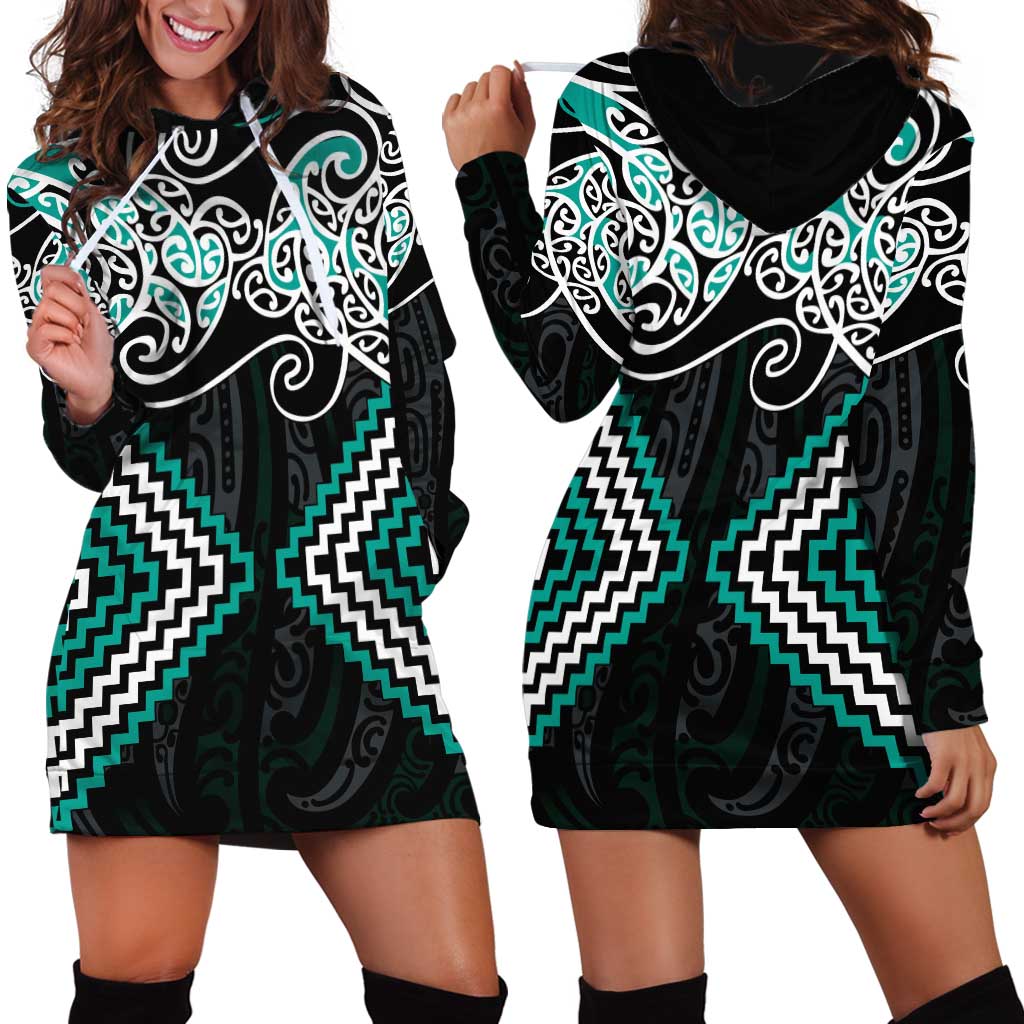 Turquoise Aotearoa Tukutuku Manawa Tapu Hoodie Dress Ta Moko Toi Maori LT9 - Polynesian Pride