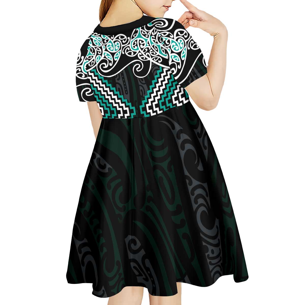 Turquoise Aotearoa Tukutuku Manawa Tapu Kid Short Sleeve Dress Ta Moko Toi Maori LT9 - Polynesian Pride
