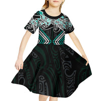 Turquoise Aotearoa Tukutuku Manawa Tapu Kid Short Sleeve Dress Ta Moko Toi Maori LT9 - Polynesian Pride