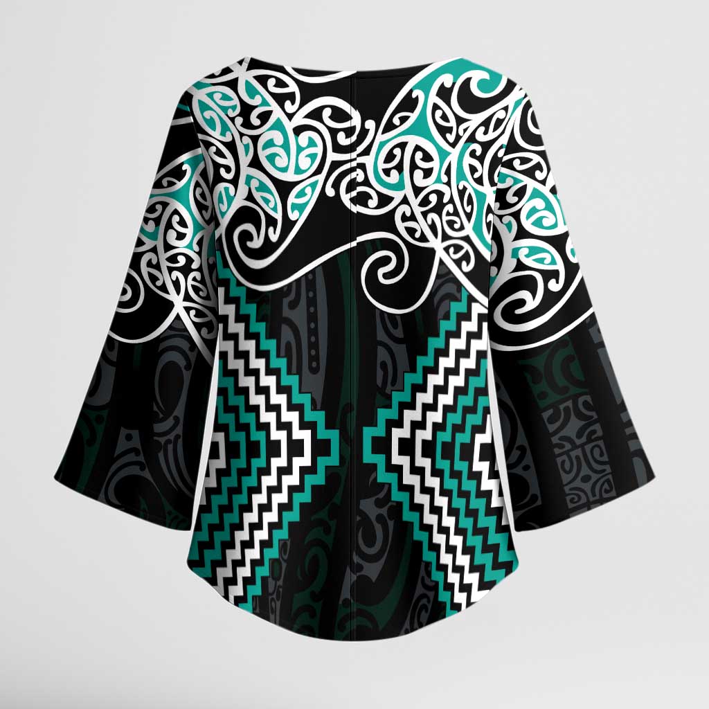Turquoise Aotearoa Tukutuku Manawa Tapu Kimono Sleeve Blouse Ta Moko Toi Maori LT9 - Polynesian Pride