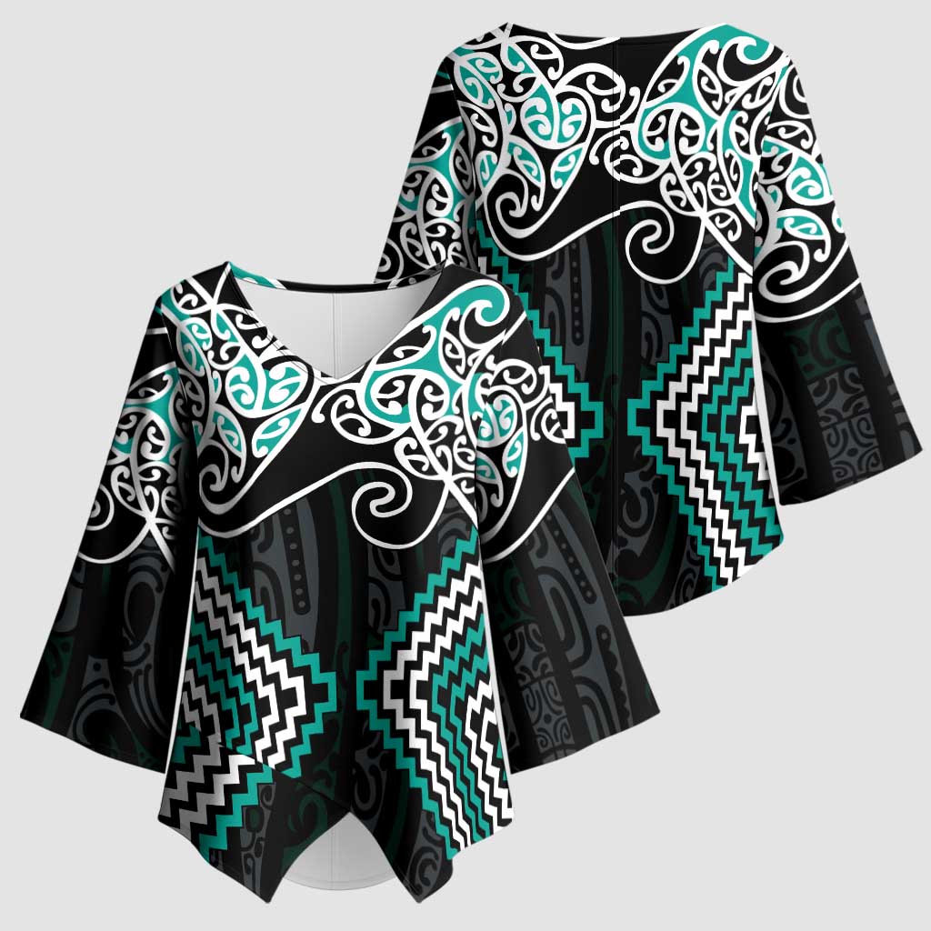 Turquoise Aotearoa Tukutuku Manawa Tapu Kimono Sleeve Blouse Ta Moko Toi Maori LT9 - Polynesian Pride