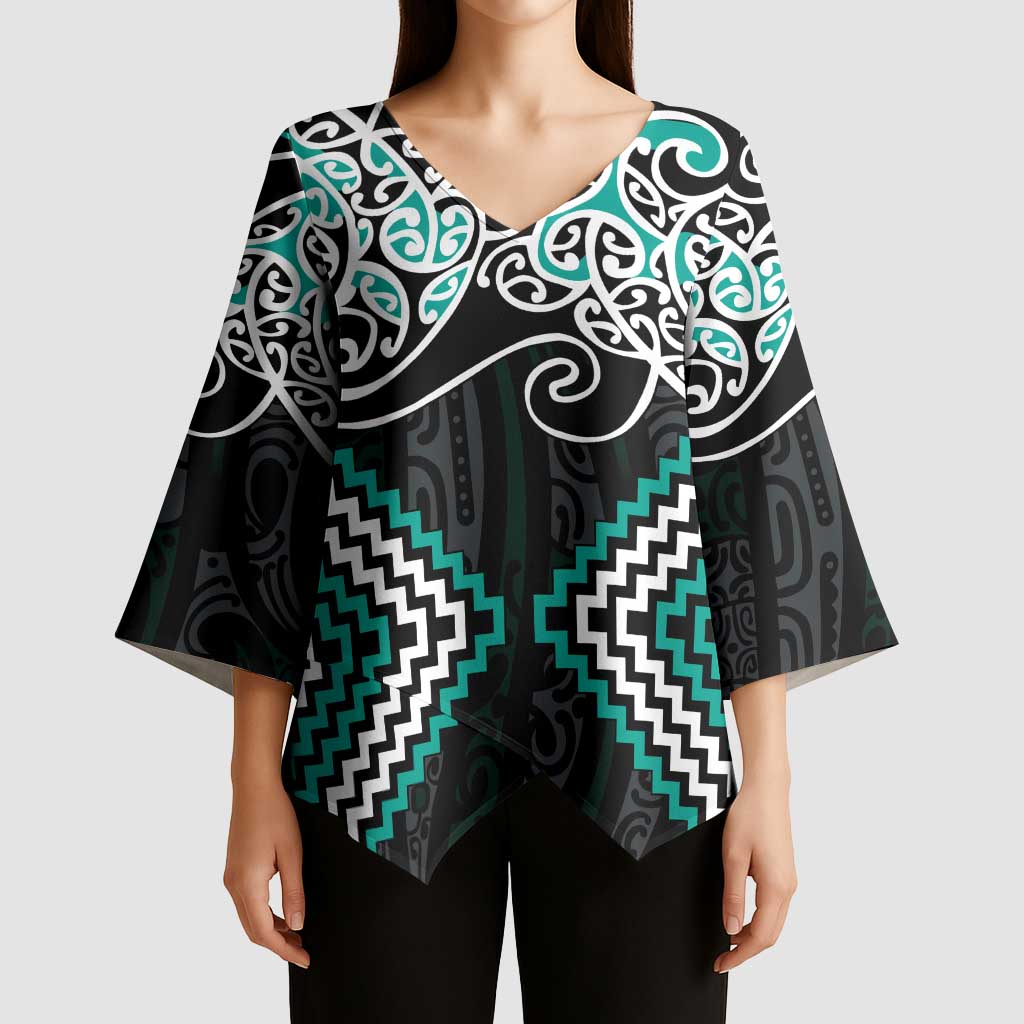 Turquoise Aotearoa Tukutuku Manawa Tapu Kimono Sleeve Blouse Ta Moko Toi Maori LT9 - Polynesian Pride