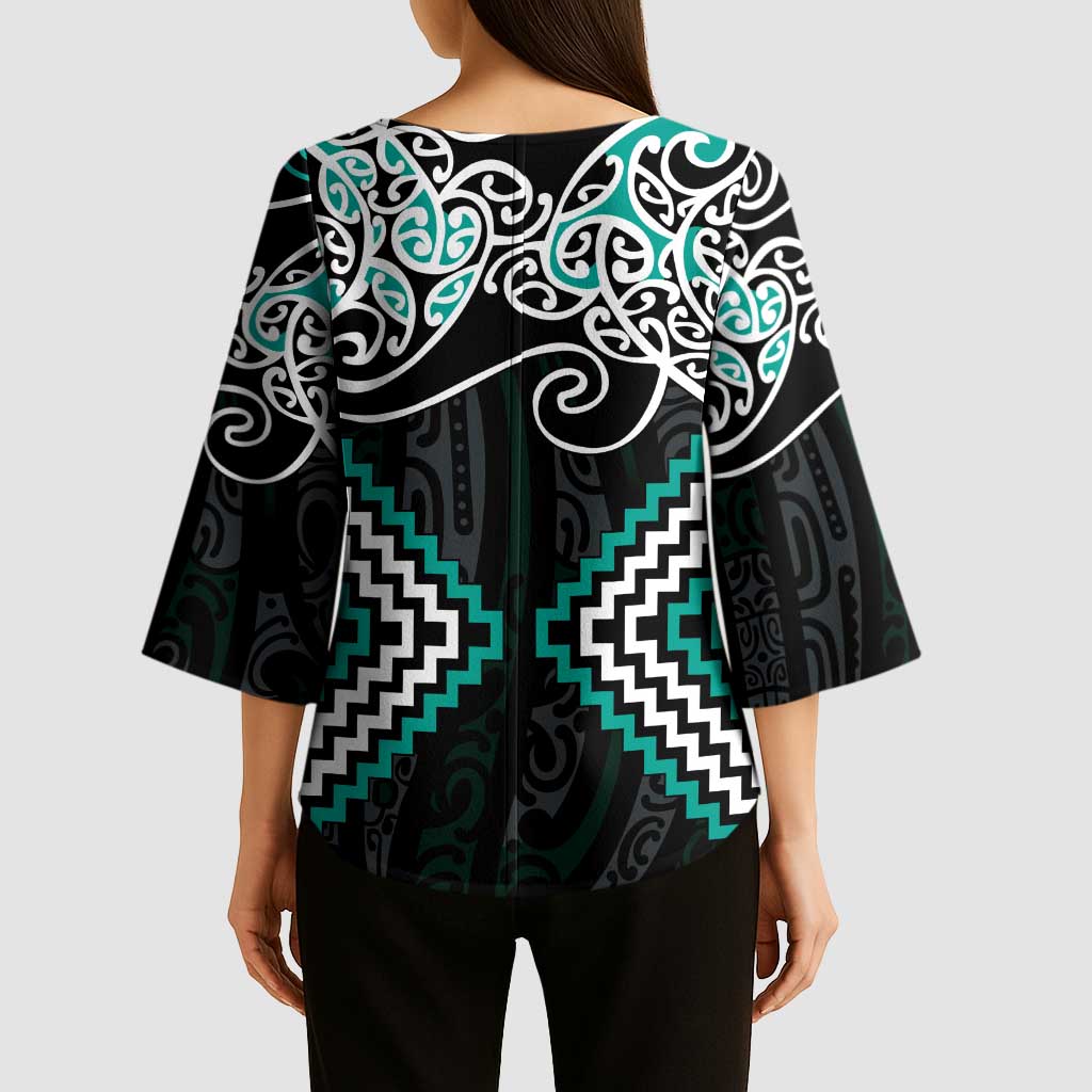 Turquoise Aotearoa Tukutuku Manawa Tapu Kimono Sleeve Blouse Ta Moko Toi Maori LT9 - Polynesian Pride