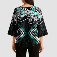 Turquoise Aotearoa Tukutuku Manawa Tapu Kimono Sleeve Blouse Ta Moko Toi Maori LT9 - Polynesian Pride