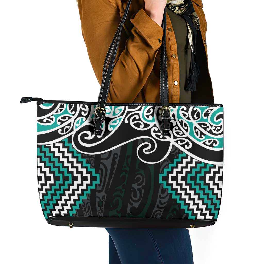 Turquoise Aotearoa Tukutuku Manawa Tapu Leather Tote Bag Ta Moko Toi Maori LT9 - Polynesian Pride