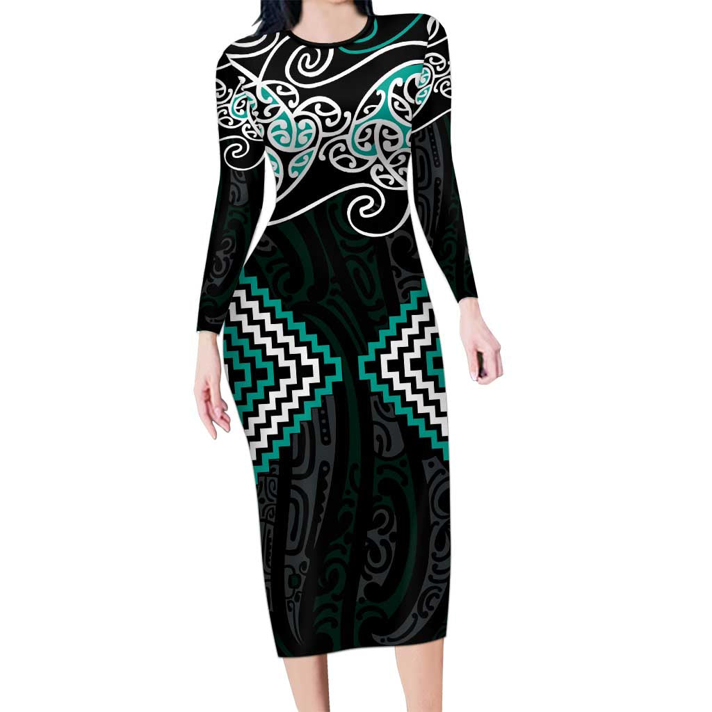 Turquoise Aotearoa Tukutuku Manawa Tapu Long Sleeve Bodycon Dress Ta Moko Toi Maori LT9 Long Dress Turquoise - Polynesian Pride