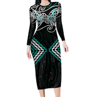 Turquoise Aotearoa Tukutuku Manawa Tapu Long Sleeve Bodycon Dress Ta Moko Toi Maori LT9 Long Dress Turquoise - Polynesian Pride