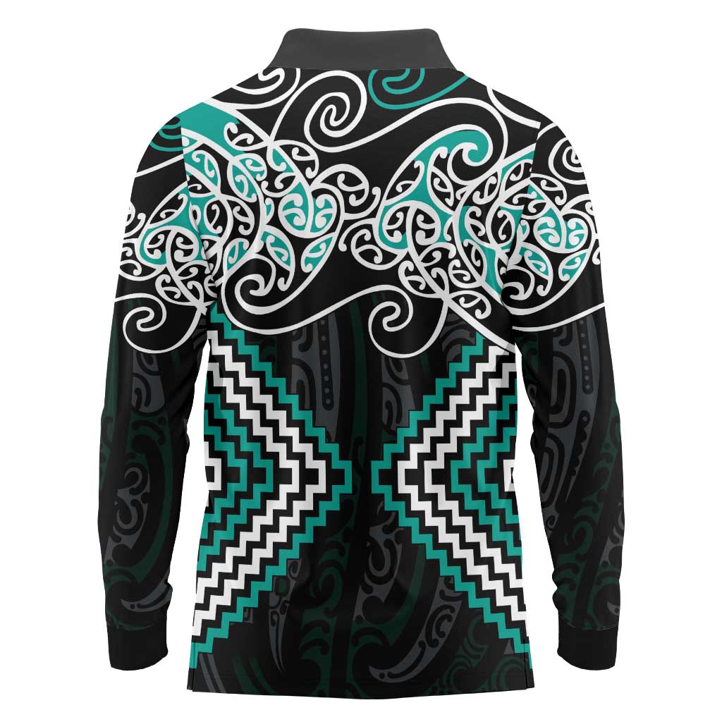Turquoise Aotearoa Tukutuku Manawa Tapu Long Sleeve Polo Shirt Ta Moko Toi Maori LT9 - Polynesian Pride