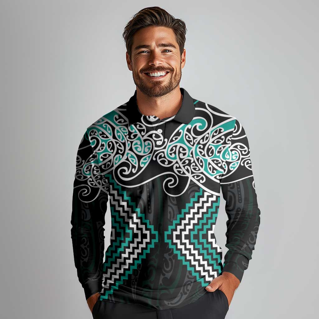 Turquoise Aotearoa Tukutuku Manawa Tapu Long Sleeve Polo Shirt Ta Moko Toi Maori LT9 - Polynesian Pride